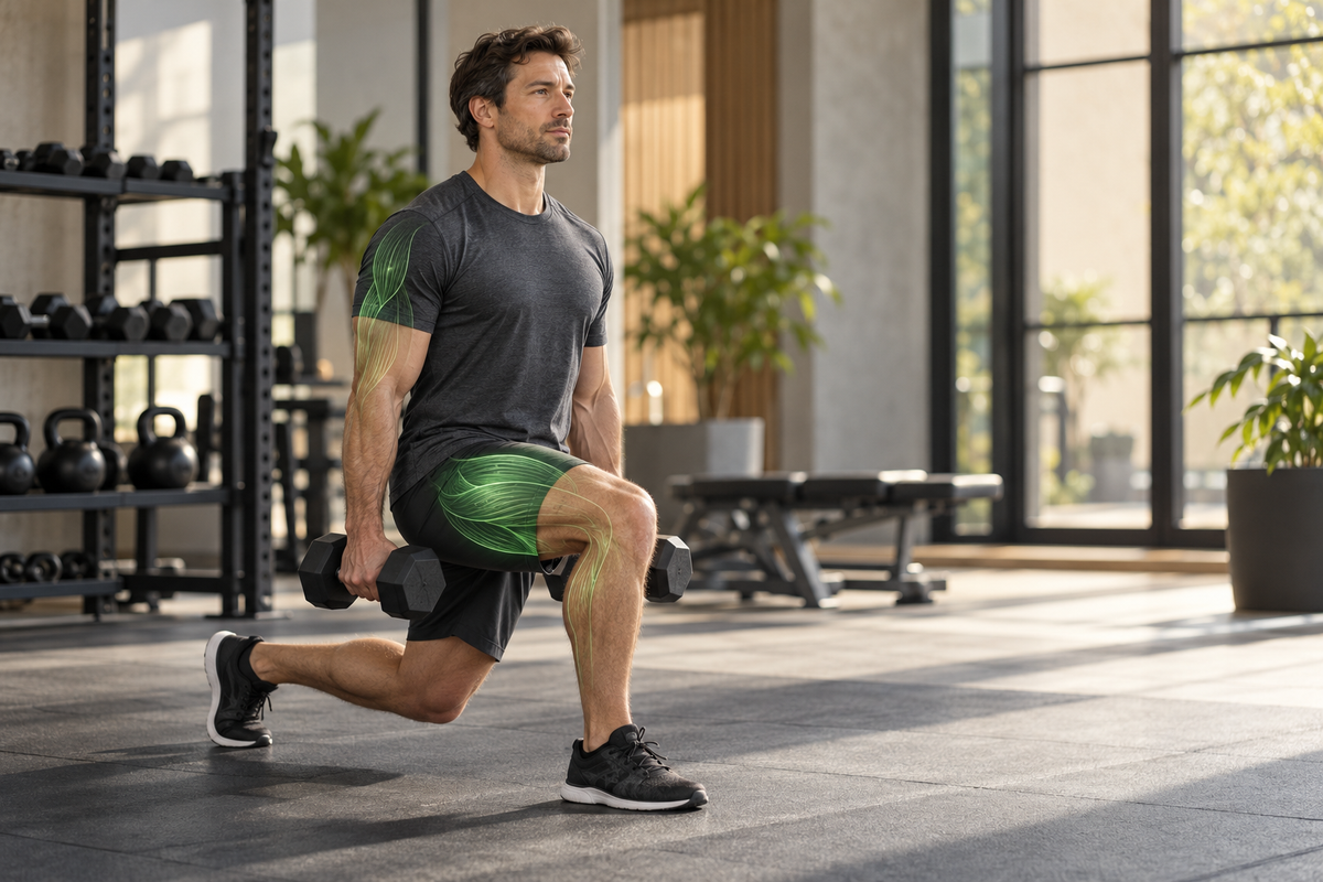 Man performs a dumbbell reverse lunge in a bright gym with a subtle green muscle-fiber graphic highlighting his legs and arms.