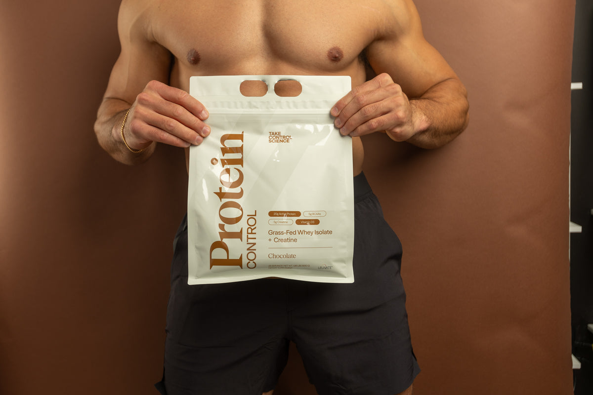 Protein Control pouch held at chest height