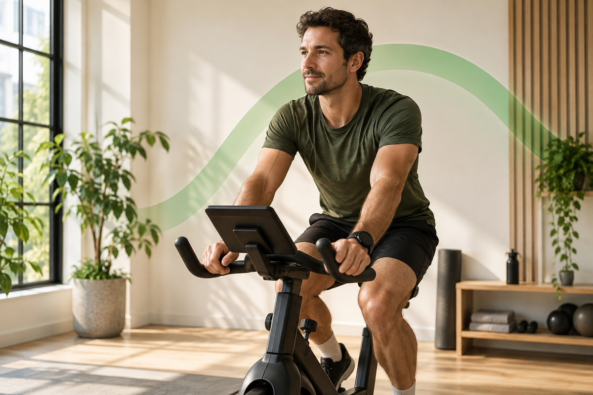 Man cycling on a stationary bike in a bright home studio with a translucent green wave graphic on the wall.
