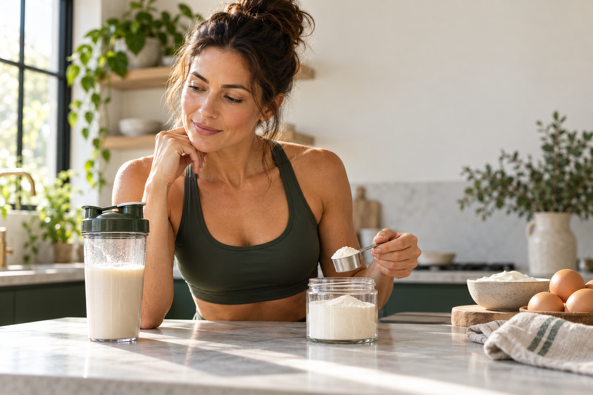 Athletic woman at a sunlit kitchen counter compares a scoop of pale protein powder with a prepared shake beside eggs and yogurt.