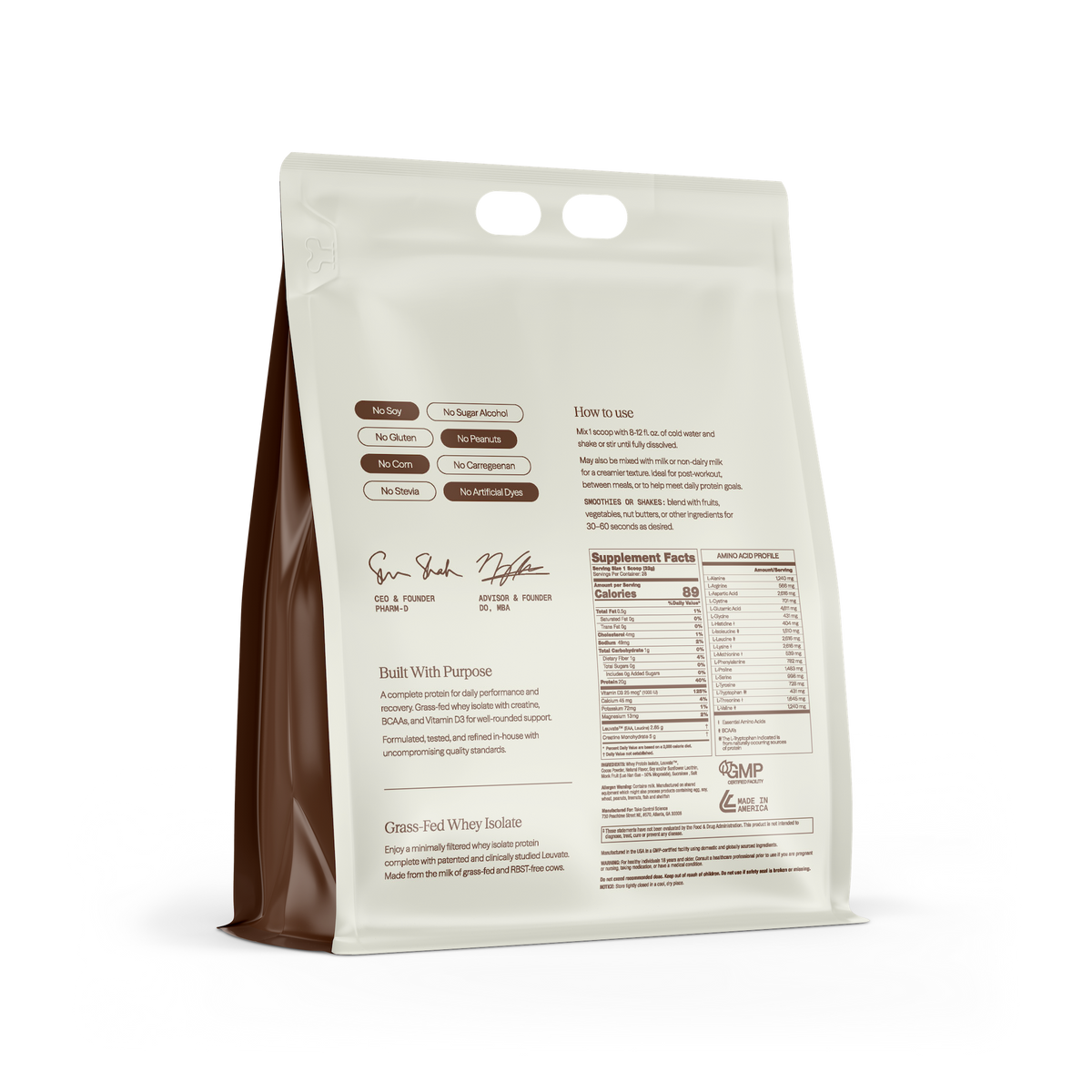 Protein Control Chocolate supplement pouch, back label