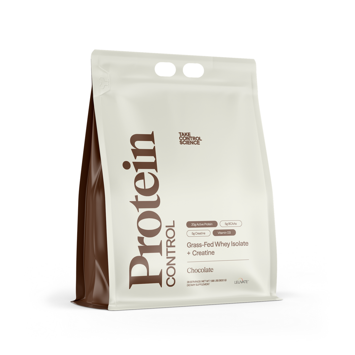 Protein Control Chocolate whey protein isolate and creatine pouch, front view