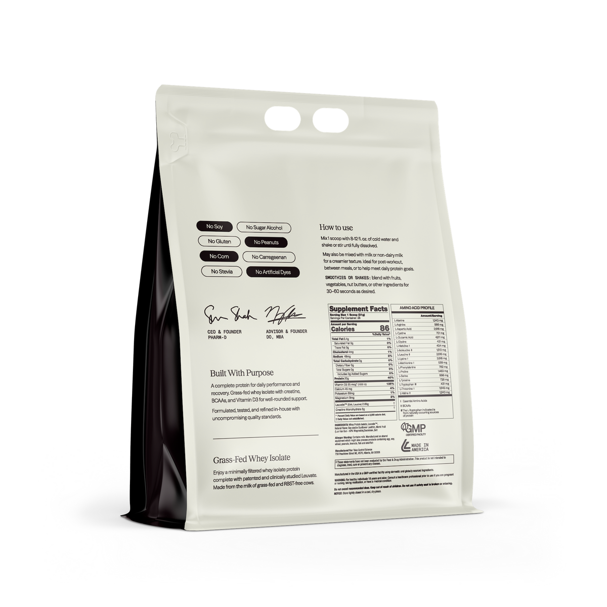 Protein Control Vanilla supplement pouch, back label